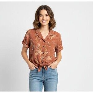 KUHL Womens Elsie Front Tie Shirt S Floral Cotton Short Sleeve Button Up Top